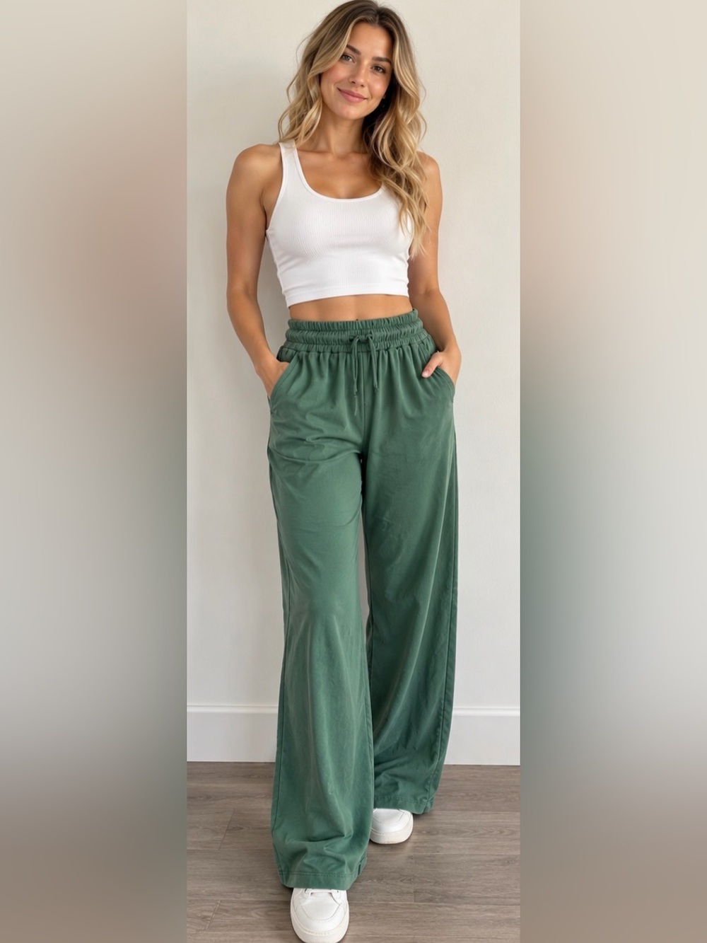 Athleta Allure High Rise Wide Leg Pants XL Olive Green Drawstring